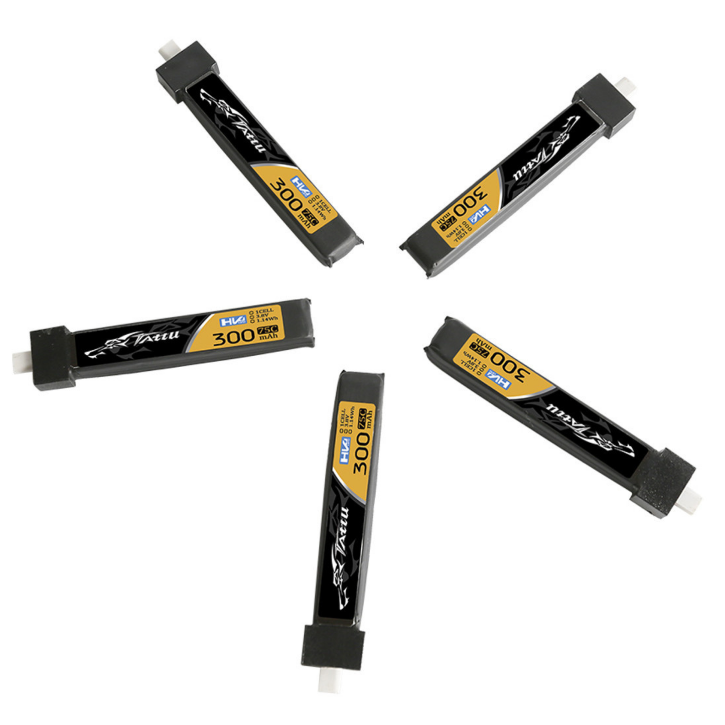 5 Pack - Batería Lipo TATTU 300 mah 1S 3.8 HV 75C conector BT2.0