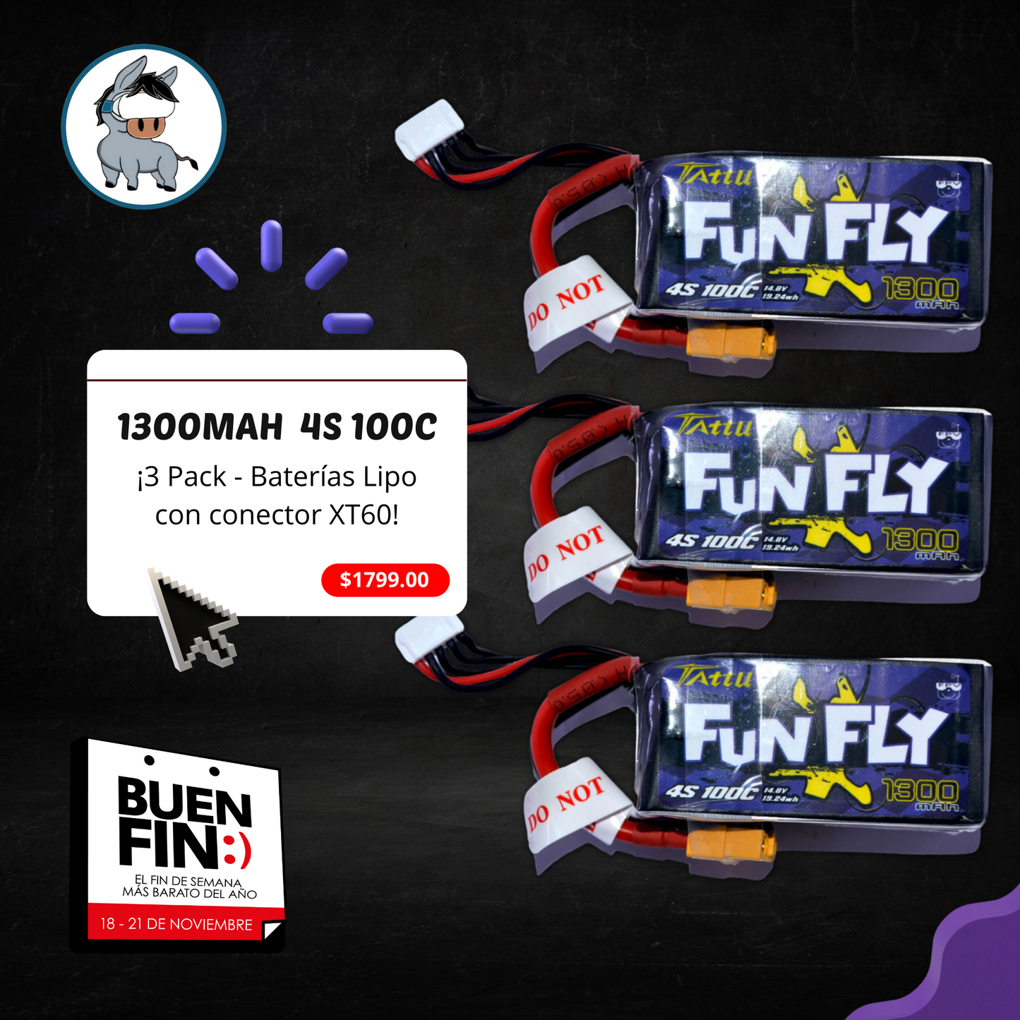 3 Pack - Batería Lipo TATTU 1300 mah 4S 14.8V 100C con conector XT60