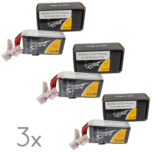 3 pack Batería Lipo TATTU 850 mah 3S 75C conector XT60