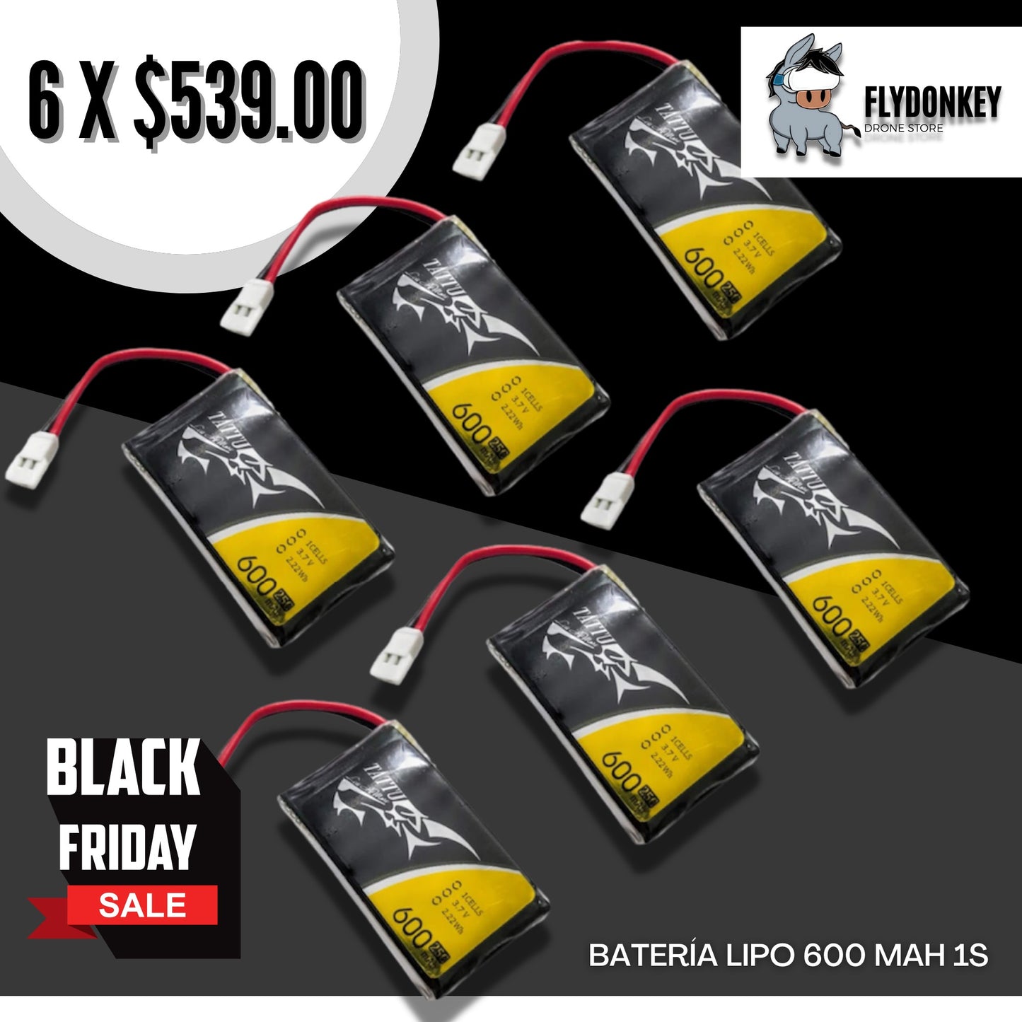 6 Pack - Batería Lipo TATTU 600 mah 1S 3.7V 25C con conector MOLEX