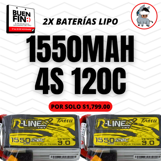 2 Pack -Batería Lipo TATTU R-LINE 1550 mah 4S 120C conector XT60