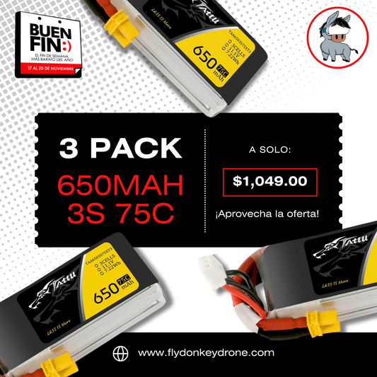 3 pack Batería Lipo TATTU 650 mah 3S 75C conector XT-30