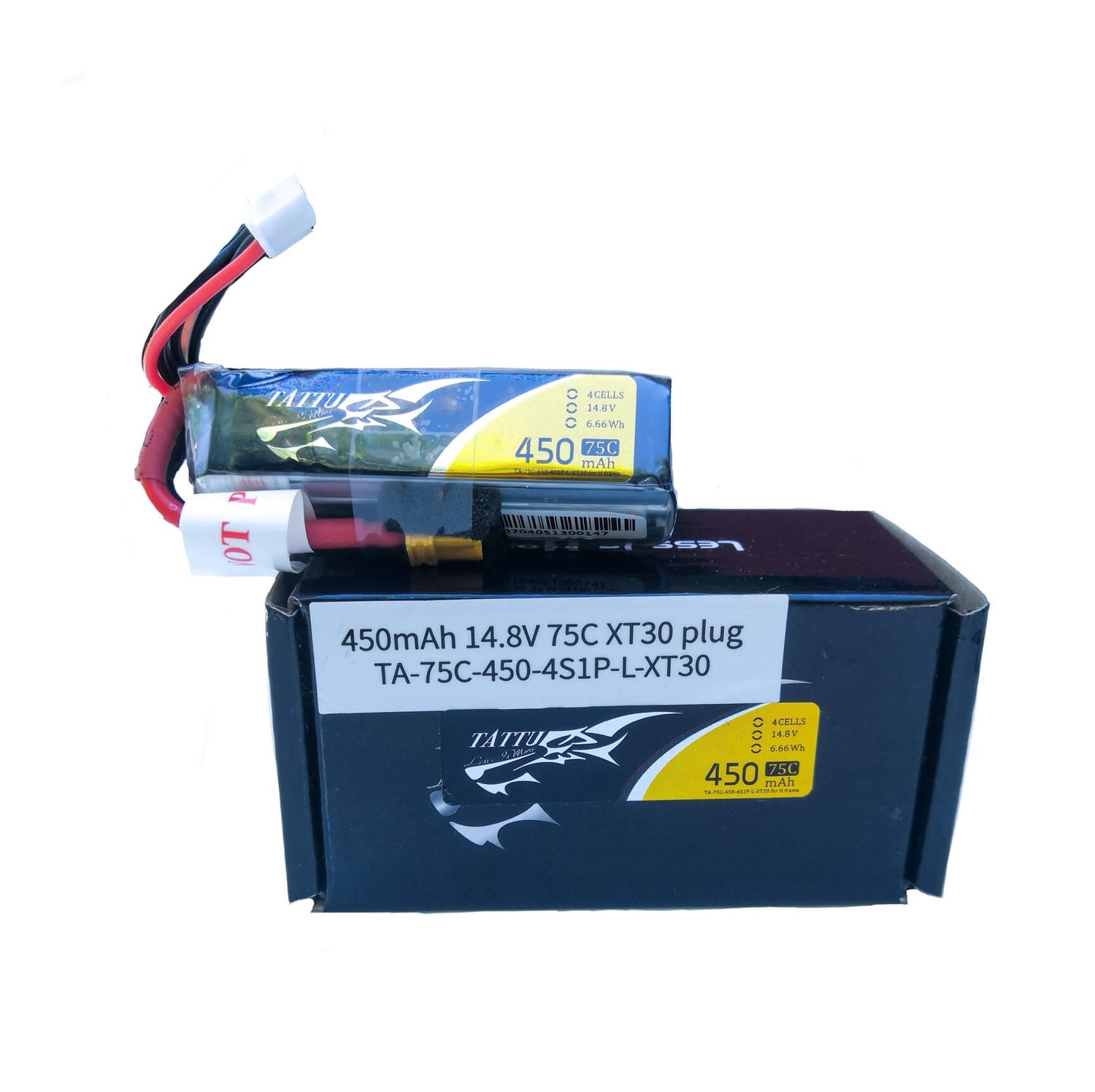 TAA4504S75XT3 – Tattu Batterie LiPo 4S1P 450mAh 14.8V 75C avec connecteur XT30 TAA4504S75XT3 – Tattu Batterie LiPo 4S1P 450mAh 14.8V 75C avec connecteur XT30
