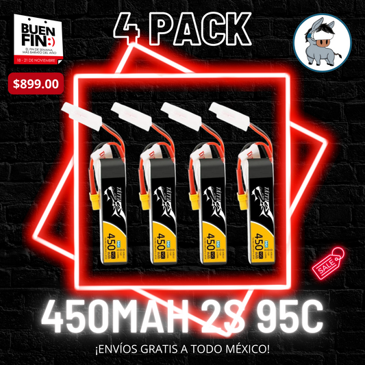 4 Pack - Batería Lipo TATTU 450 mah 2S 7.6V HV 95C con conector XT30