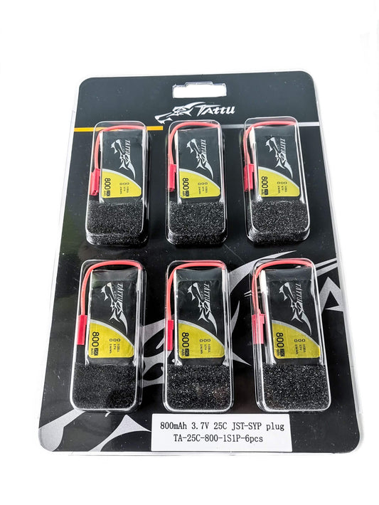 6 Pack - Batería Lipo TATTU 800 mah 1S 25C conector JST