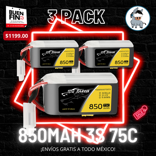 3 pack Batería Lipo TATTU 850 mah 3S 75C conector XT60